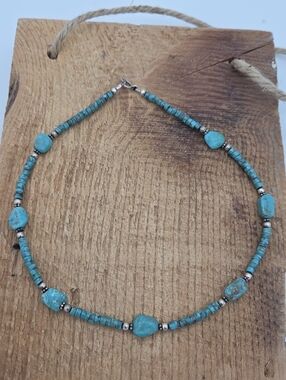 Vintage Signed Sterling Native American Turquoise Heishi Choker Necklace